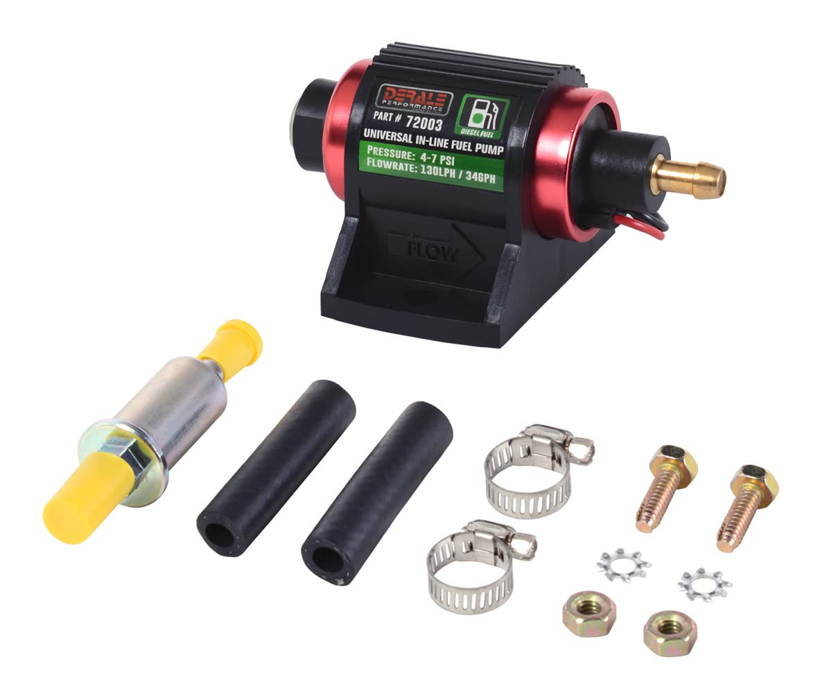 Derale Fuel Pump, Electric, In-Line, 34 gph at 7 psi, 1/8 in NPT Female Inlet, 3/8 in Hose Barb Outlet, Aluminum, Red/Black Anodized, Diesel, Kit