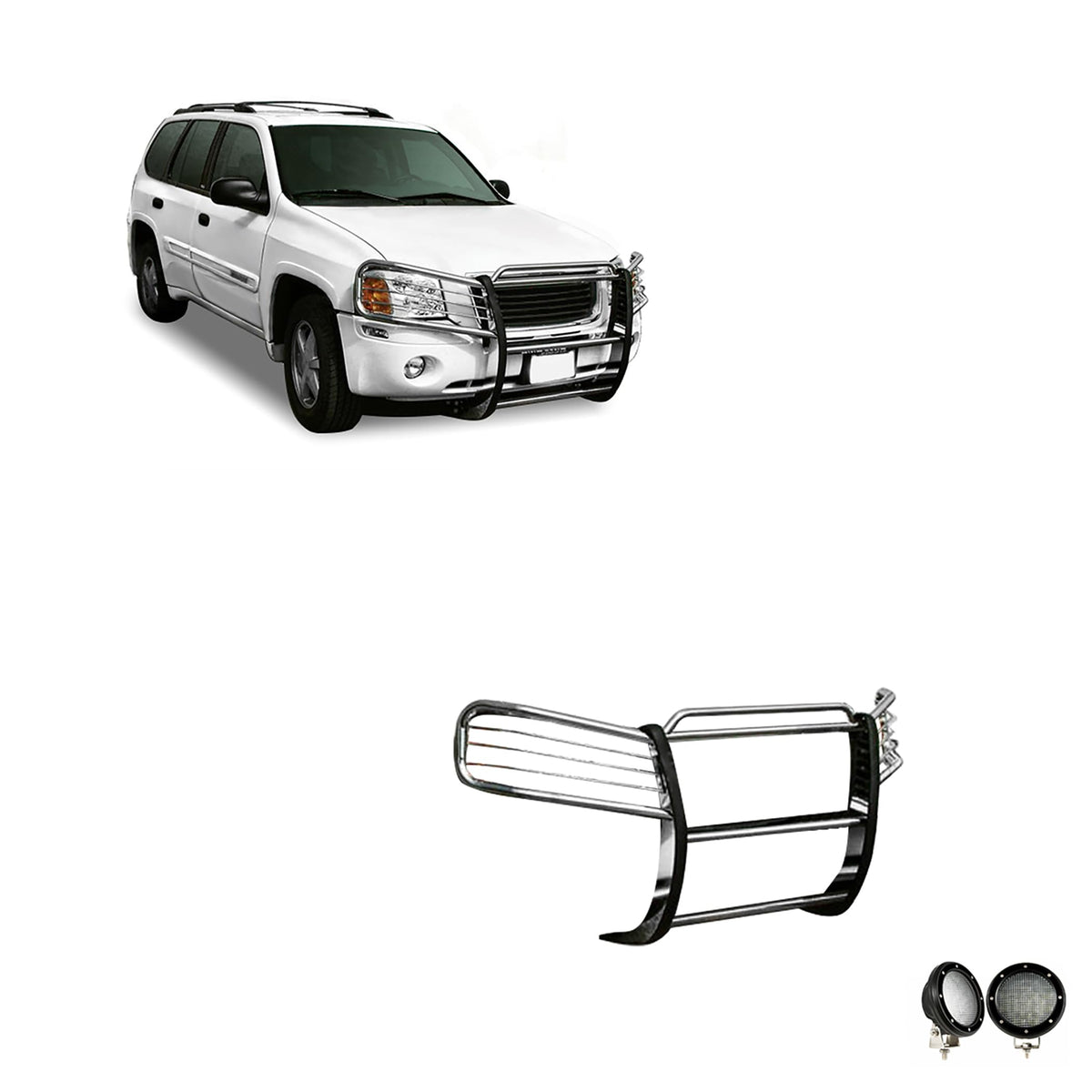 Black Horse Grille brush Bumper Guard Modular Stainless Steel Come with Pair of 5.3" Dia.LED Lights with Black Trim Rings Compatible with 2002-2009 GMC Envoy-17GD26MSS-PLFB
