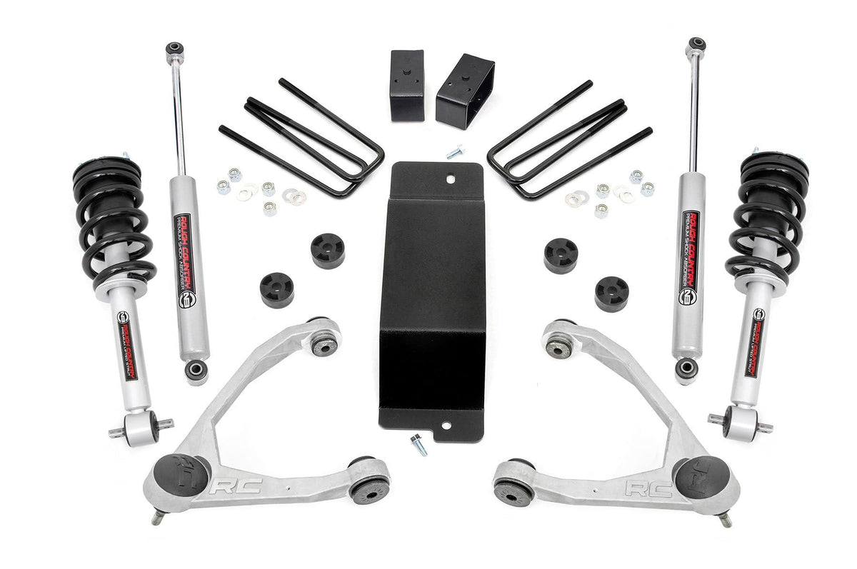 Rough Country 3.5" Lift Kit with N3 Loaded Struts/N3 Rear Shocks for Chevy Silverado & GMC Sierra 1500 (2014-2016) - Silver Control Arms