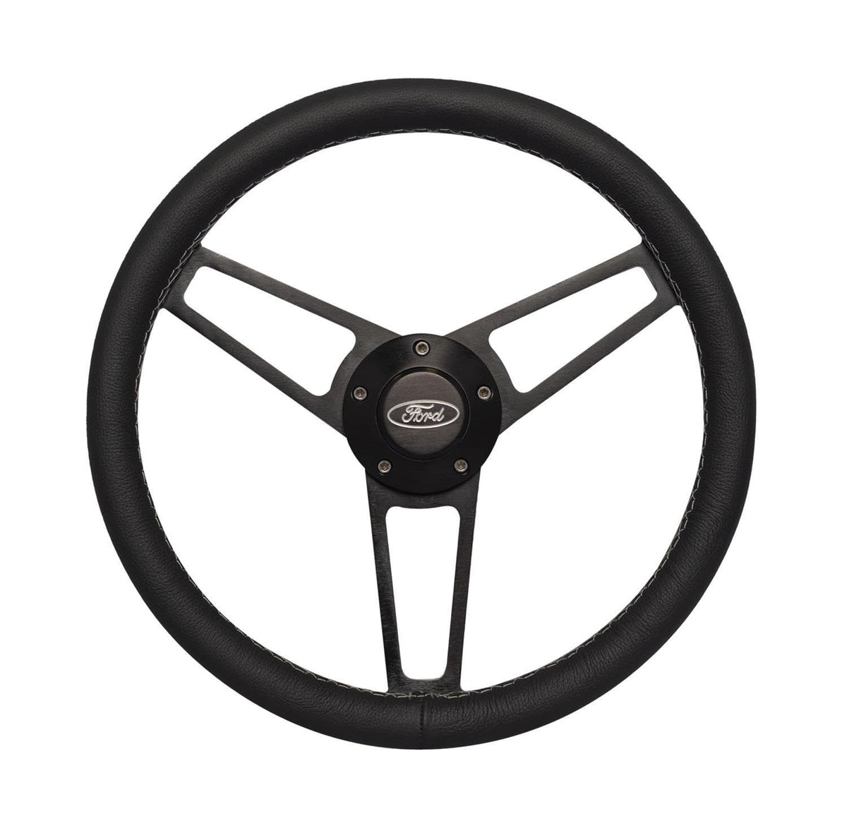 Grant Steering Wheel, 13.75 in Diameter, Flat, 3-Spoke, Black Leather Grip, Ford Oval Logo, Aluminum, Black Anodized, compatible with Ford Fullsize SUV/Truck/Van 1965-77, Each