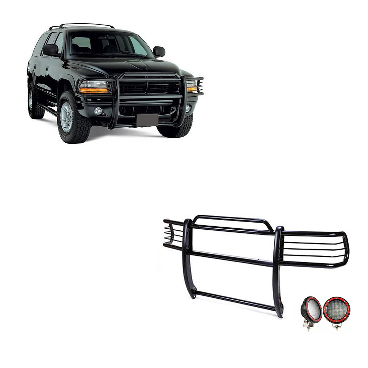 Black Horse Grille brush Bumper Guard Modular Black Come With Pair of 5.3" Dia.LED Lights with Red Trim Rings Compatible with 1997-2004 Dodge Dakota|2000-2003 Dodge Durango-17BH23MA-PLFR