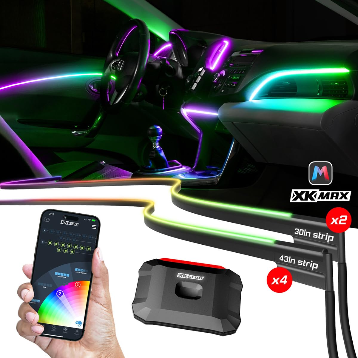XKmax 6 Piece Car Interior Ambient LED Strip Lighting Kit with App Control, RGB Color Changing