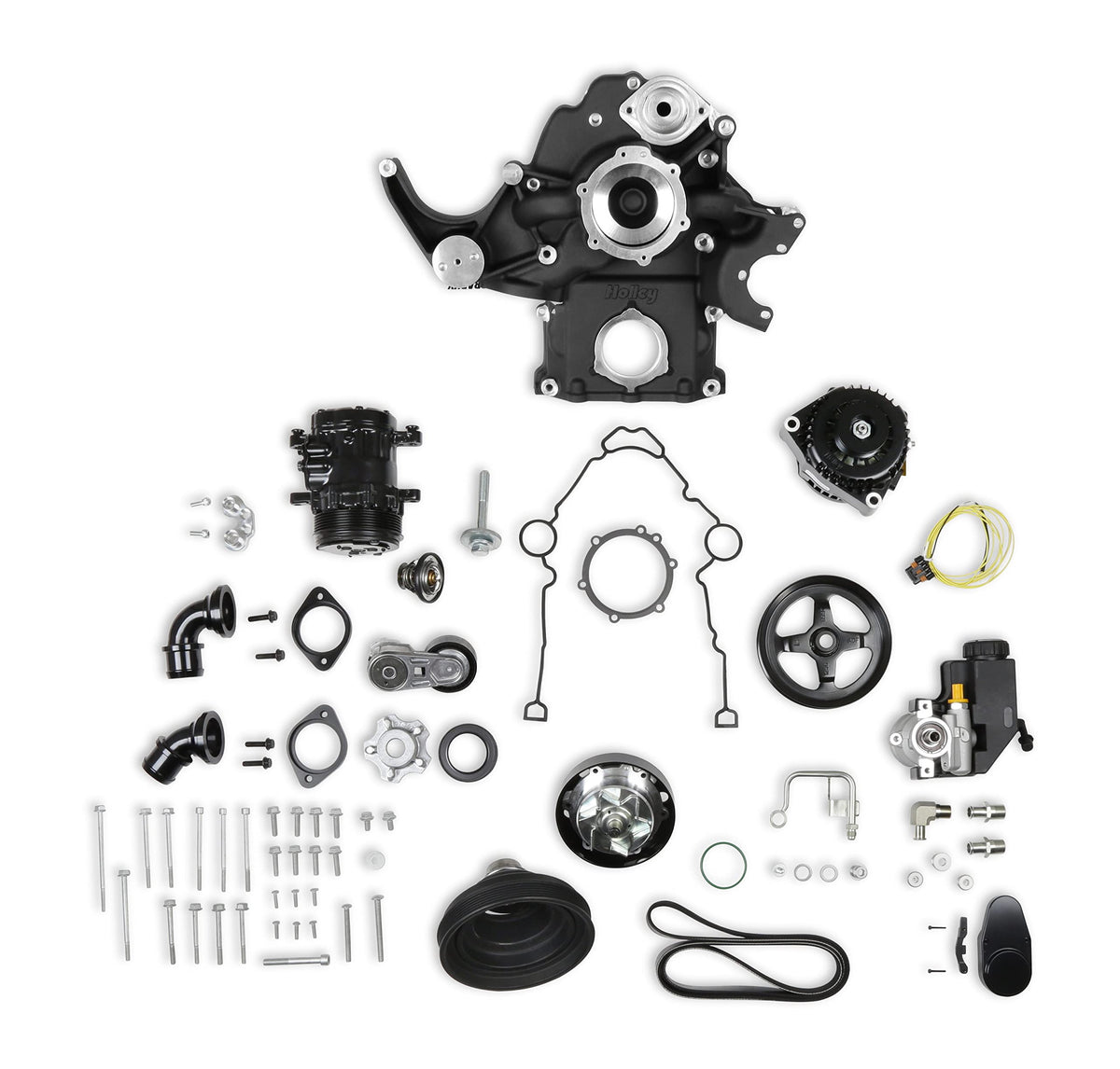 Holley Gen III Hemi Swap Complete Front Accessory Serpentine Drive System, Mid-Mount with Water Pump, Alternator, A/C & Power Steering, VVT 2003-2008 5.7L & 2005-2010 6.1L Black 20-291BK