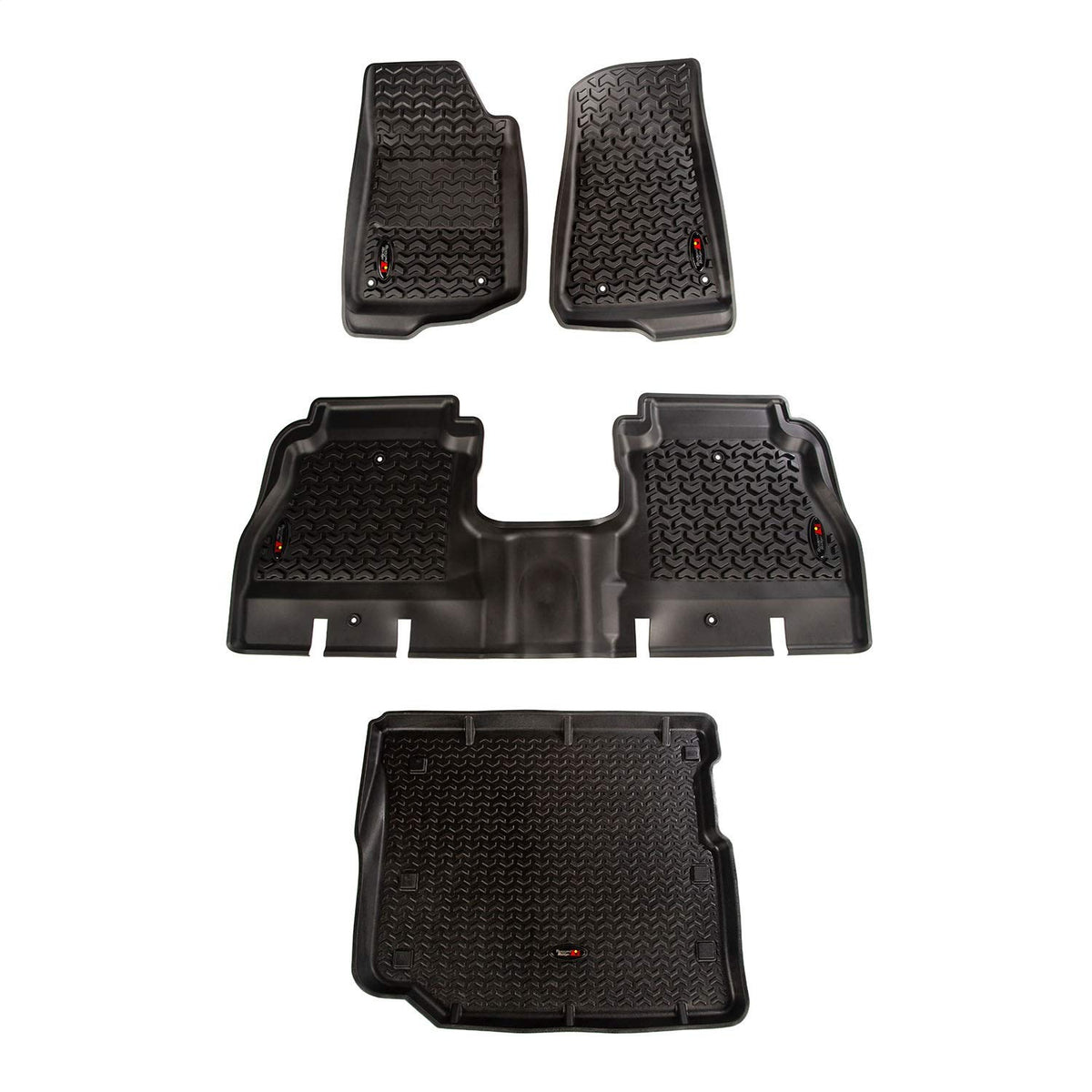 Rugged Ridge Floor Liner Set for Jeep Wrangler JLU | Front/Rear/Cargo, 4-Piece Set, Black | 12988.05 | Fits 2018-2025 Jeep Wrangler JLU 4-Door Excluding 4XE Models