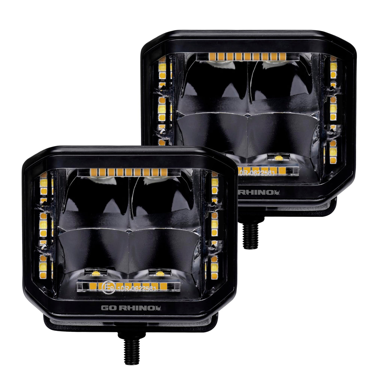 Go Rhino Xplor Lighting: Blackout Series 4x3 LED Cube Sideline Spot Lights (Pair) | Surface Mount (Threaded Stud Mount) Aluminum, Black | 750700322SCS