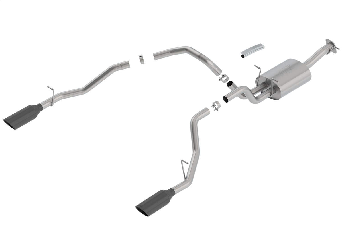 BORLA 140758BC Cat-Back Perf. Exhaust Sys. for '19-'23 Ram 1500 V8 Incl. e-Torque incl. Rebel & G/T Models (Exc. Classic) T-304 Touring Dual Split Rear Exit Single 5" Rnd. Blck. Chrome Tips Each Side.