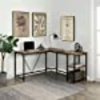 compare product Morden Large L-Shapped Desk Home Office Computer Desk with 2-Tier Storage Shelves (Brown)