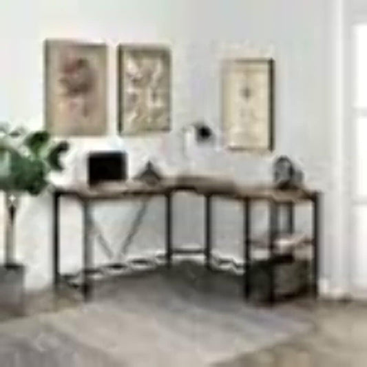 Morden Large L-Shapped Desk Home Office Computer Desk with 2-Tier Storage Shelves (Brown)