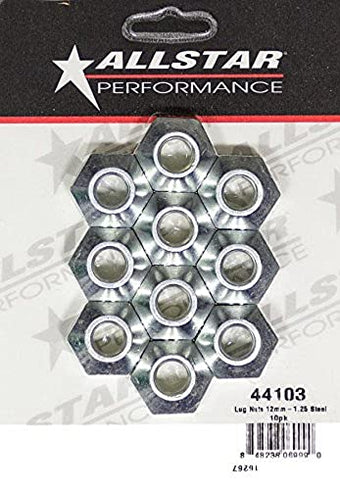 compare product Allstar Performance Lug Nut, 12 mm x 1.25 Thread, 1 in Hex Head, 45 Degree Seat, Open End, Steel, Zinc Oxide, Set of 10