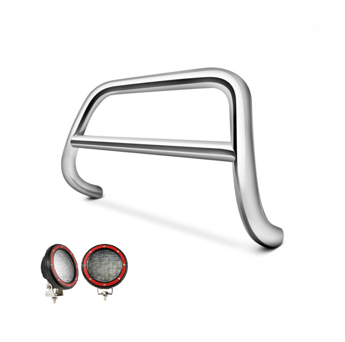 Black Horse A Bar No skid plate Stainless Steel Come With Pair of 5.3" Dia. LED Flood Lights with Red Trim Rings Compatible with 2003-2007 Nissan Murano-BB111004SS-PLFR