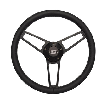 compare product Grant Steering Wheel, 13.75 in Diameter, Flat, 3-Spoke, Black Leather Grip, Ford Oval Logo, Aluminum, Black Anodized, compatible with Ford Fullsize SUV/Truck/Van 1965-77, Each