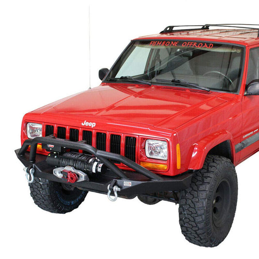 Fishbone Offroad Cherokee XJ Front Winch Bumper W/Grille Guard Bullhead Steel Black Textured Powdercoat