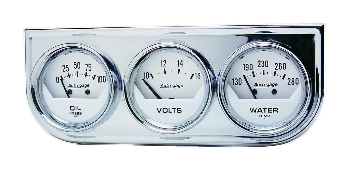 AUTO METER 2325 Autogage White Console Oil/Volt/Water Gauge with Chrome Steel , 2.3125 in.