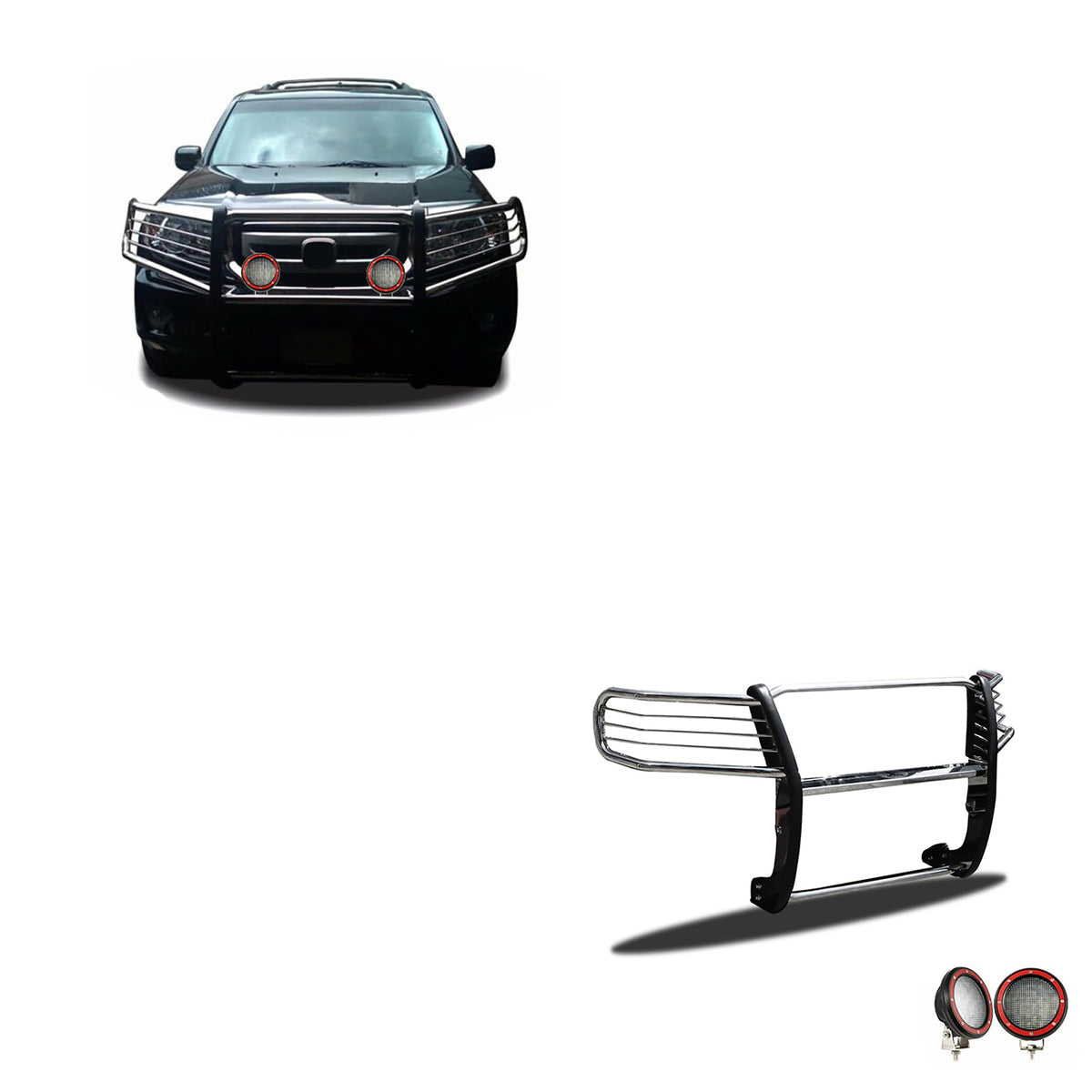 Black Horse Grille brush Bumper Guard Modular Stainless Steel Come With Pair of 5.3" Dia.LED Lights with Red Trim Rings Compatible with 2016-2022 Honda Pilot-17H151402MSS-PLFR