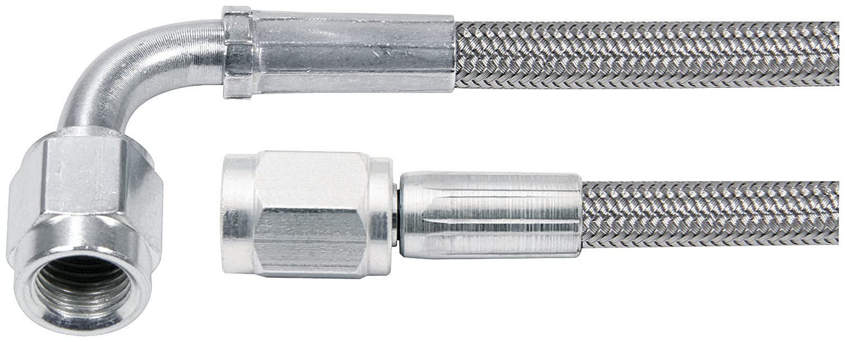 Allstar Performance Brake Hose, 48 in Long, 3 AN Hose, 3 AN Straight Female to 3 AN 90 Degree Female, Braided Stainless, PTFE Lined, Each