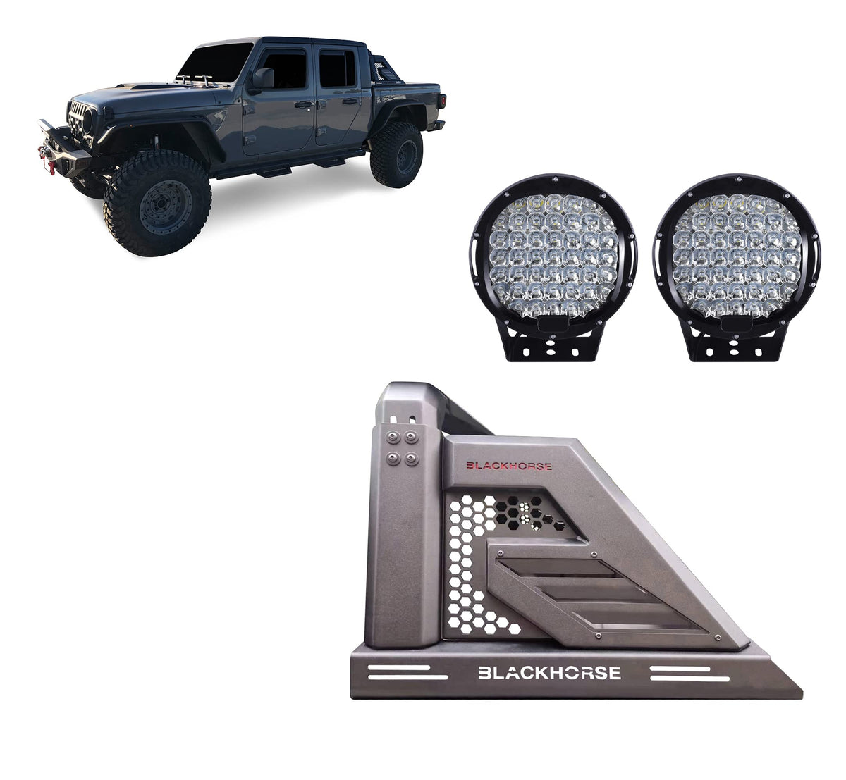 Black Horse Off Road Armour II Roll Bar Incl.Set of 9 Black Round LED Light Black Compatible with 2019-2026 Jeep Gladiator-AR2-09B-PL69B