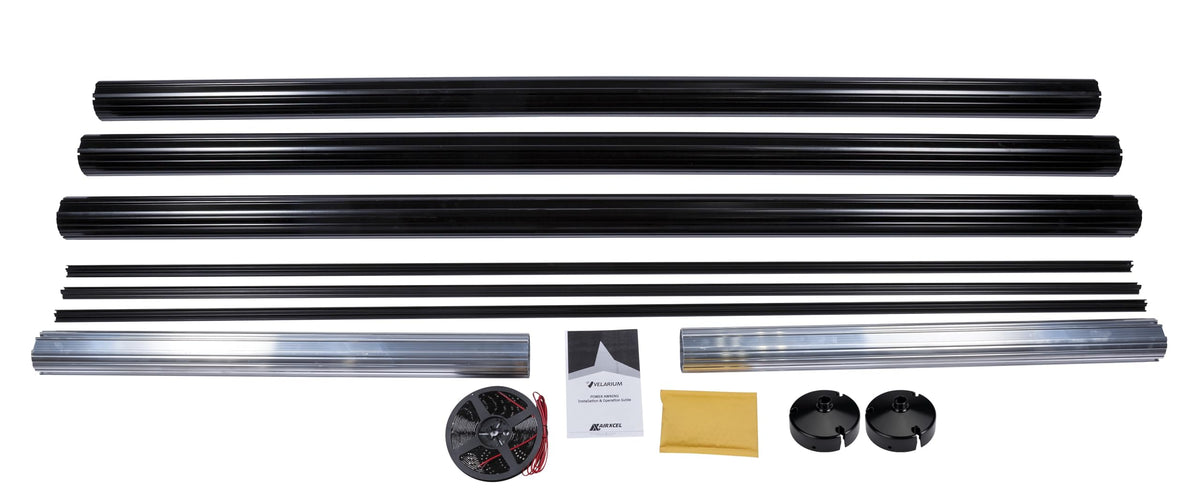 Velarium DIY Cut-to-Fit Roller Tube Assembly, 14' Cut-to-Fit Black Powder Coated Roller Tube, White End Caps, Light Rail and LED Lighting (Range 14' - 6')