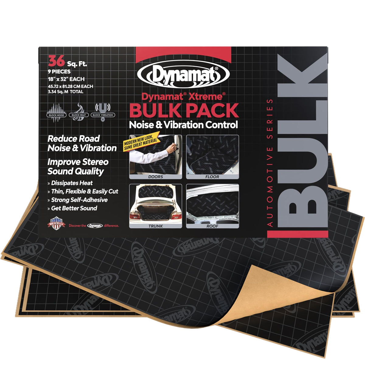 Dynamat Xtreme Sound Deadening Car Insulation Bulk Pack 10455 – Noise Dampening for Floor, Doors, Panels, Hood or Trunk – Easy Self Adhesive Install – Made in USA – 9 Sheets 18”x32”, 36 sq ft total