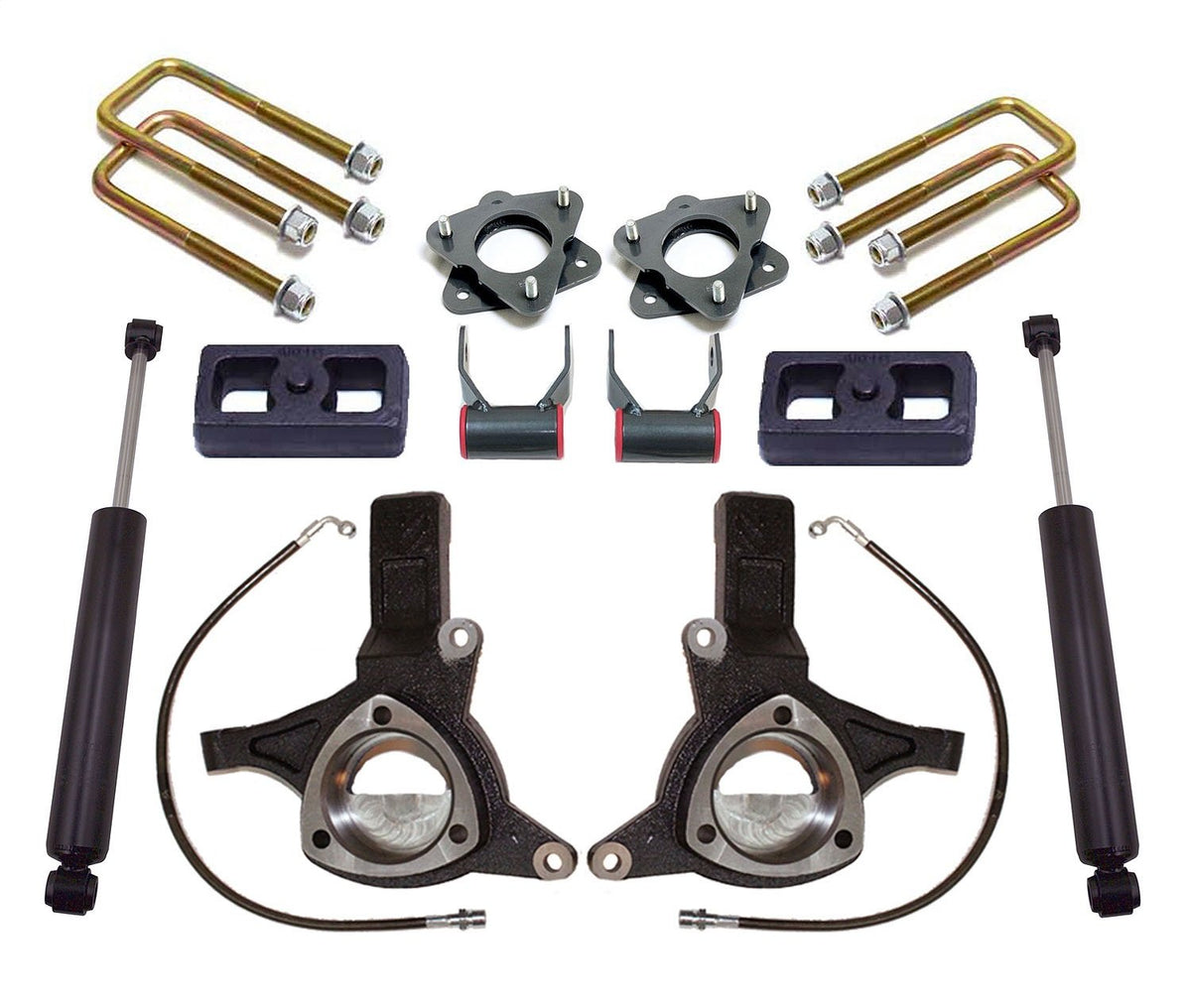 MaxTrac Suspension K881375 Suspension Lift Kit w/Shocks 7.5 in. Lift Incl. Front Spindles w/Brake Lines/Front 3 in. Strut Spacers/Rear Blocks/U-Bolts/Shackles/Rear Shocks