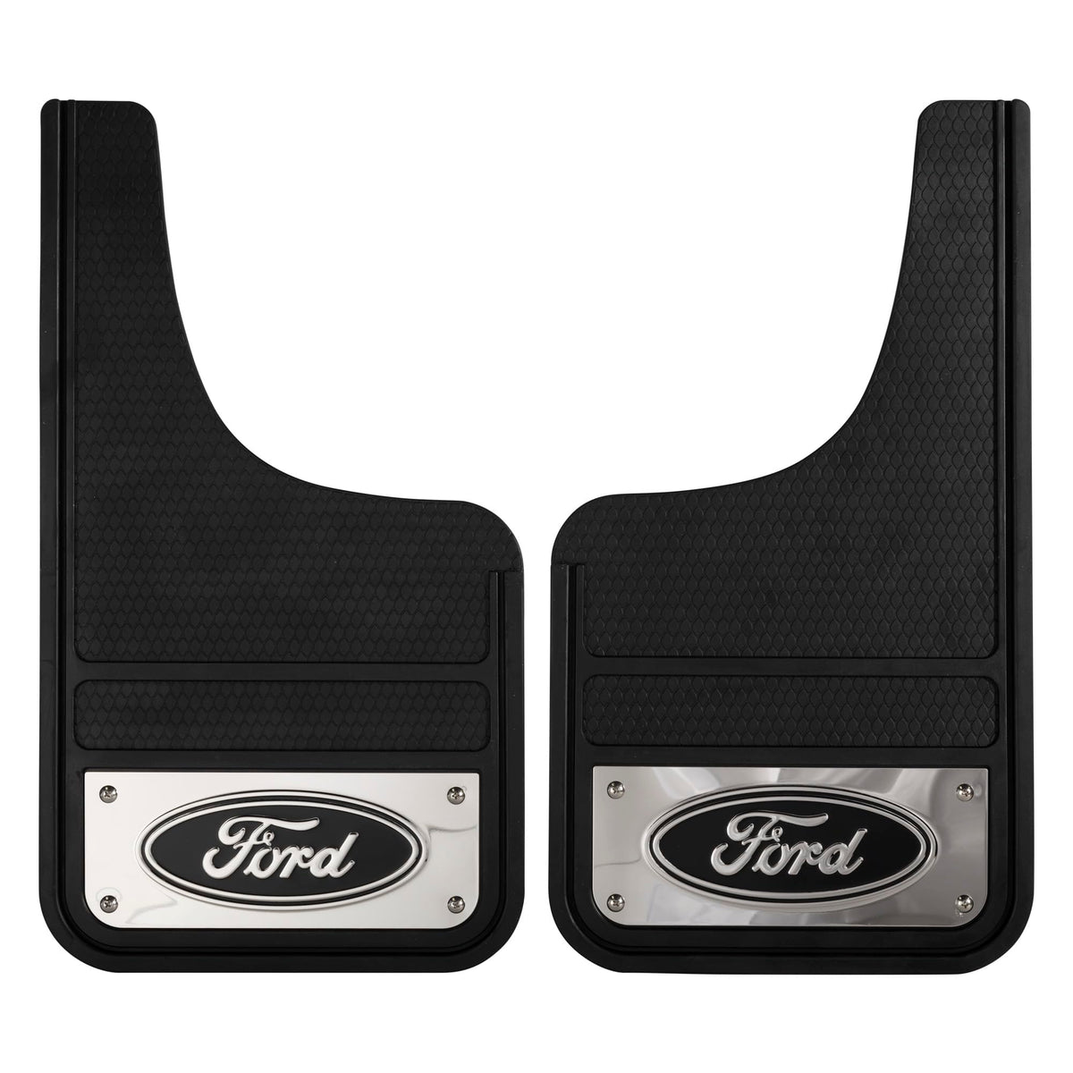 Plasticolor 001837R01 Ford Oval Chrome Plated Heavy-Duty Black Front 12 x 22 Mud Guard Set