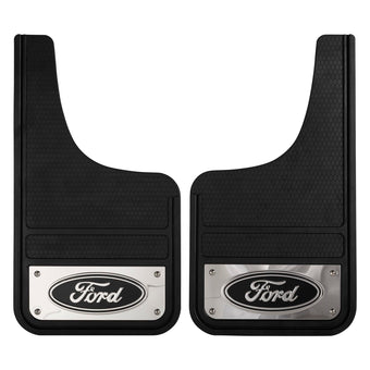 compare product Plasticolor 001837R01 Ford Oval Chrome Plated Heavy-Duty Black Front 12 x 22 Mud Guard Set