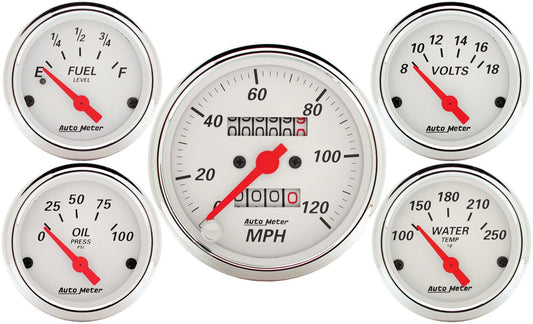 Auto Meter 1300 5 PC. Gauge KIT, 3-1/8" & 2-1/16", MECH. Speedometer, Arctic White