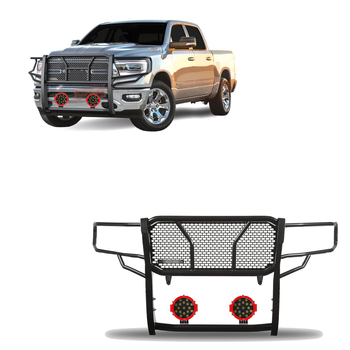 Black Horse RUGGED Heavy Duty Grille Brush Bumper Guard Modular Black Come With pair of 7.0"Dia.LED Lights with Red Trim Rings Compatible with 2019-2026 Ram 1500-RU-DORA19-B-PLR