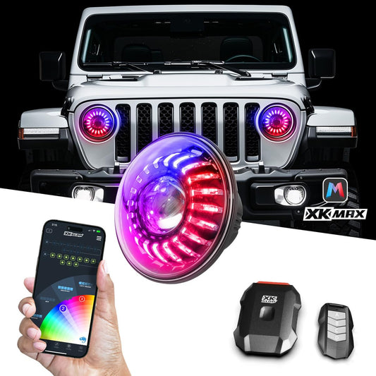 XK Glow 07-18 Jeep Wrangler JK 7in Headlight XKmax RGBW LED 2pc XKchrome Bluetooth App Cntl Kit MX7INJPKIT