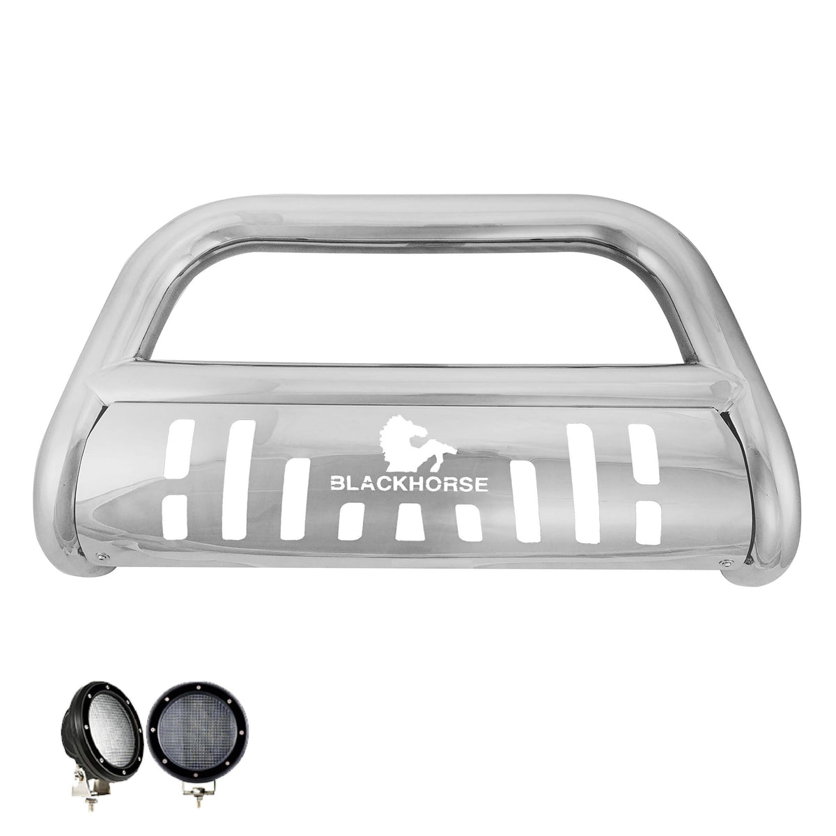 Black Horse Bull Bar w/pair of 5.3"Dia.LED Lights Plate Stainless Steel Compatible with 20-26 Gladiator/18-26 Wrangler (Excl. 21-24 V8 engine, 20-24 Rubicon Trim and trims with Fox Hydraulic Bumpers)
