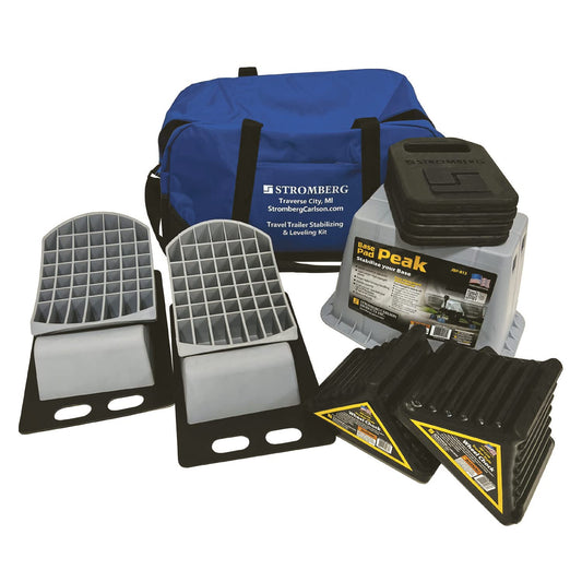 Stromberg Carlson Travel Trailer Leveler Kit - One Base Pad Peak for Tongue Jack, Two Rubber Wheel Chocks, Two Levelers for RV Campers, Two Anti-Slip Mats for Levelers, Four Base Pads and Storage Bag