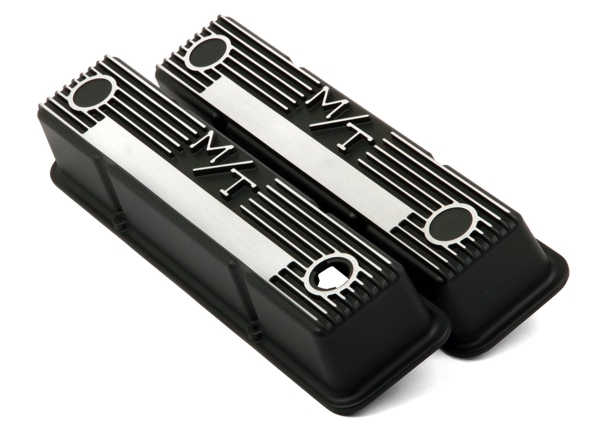 Holley Valve Cover, M/T, Tall, Finned, M/T Logo, Aluminum, Black Wrinkle Paint, Small Block Chevy, Pair
