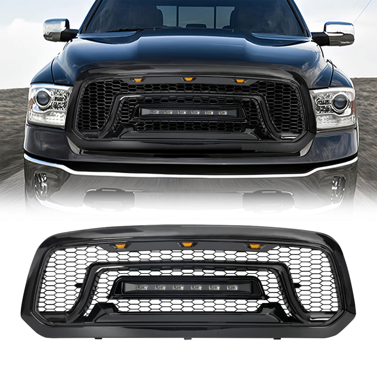 AM AMERICAN MODIFIED Front Armor Grille with Off Road LED Light Bar Compatible with 2013 to 2018 Dodge Ram 1500 Models, Glossy Black
