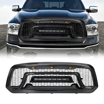 compare product AM AMERICAN MODIFIED Front Armor Grille with Off Road LED Light Bar Compatible with 2013 to 2018 Dodge Ram 1500 Models, Glossy Black