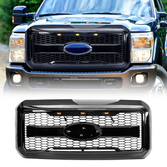 compare product AMERICAN MODIFIED Raptor Front Grille with Amber LED Lights and Emblem Base Compatible with 2011 to 2016 Ford F250/350/450/550 Models, Glossy Black