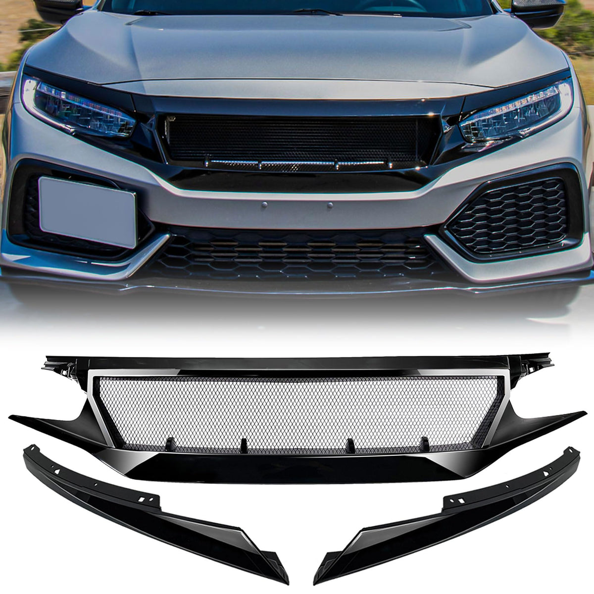 AMERICAN MODIFIED Sports Grille for 2016-2018 Honda Civic, 4 Door Sedan & 2 Door Coupe Model, 2016-2021 Honda Civic Si (All Models) & 5 Door Hatchback